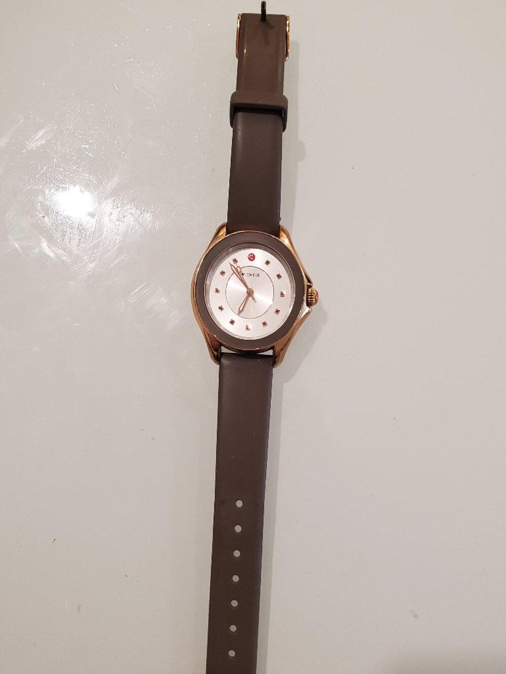 Michele Cape Grey Topaz Dial Gold Tone Silicone Working Watch